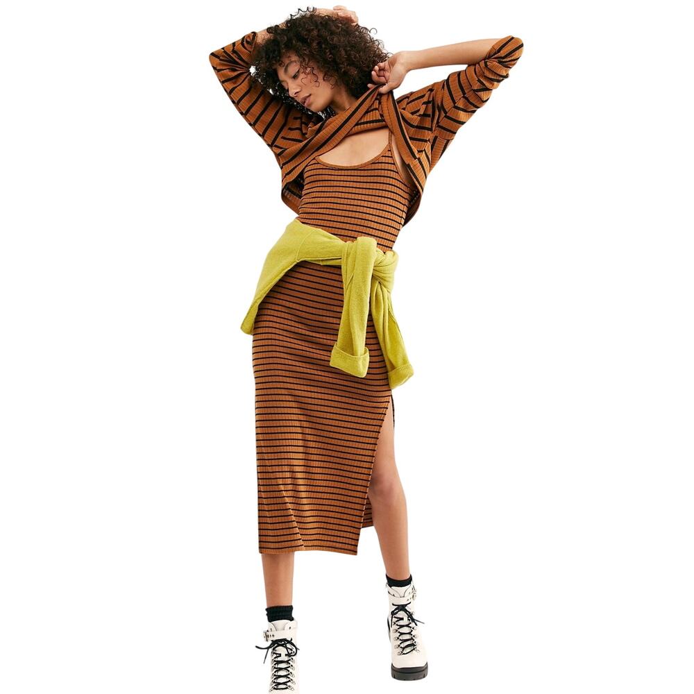 FREE PEOPLE Beach Brown and Black Striped Ribknit Midi Tank Dress